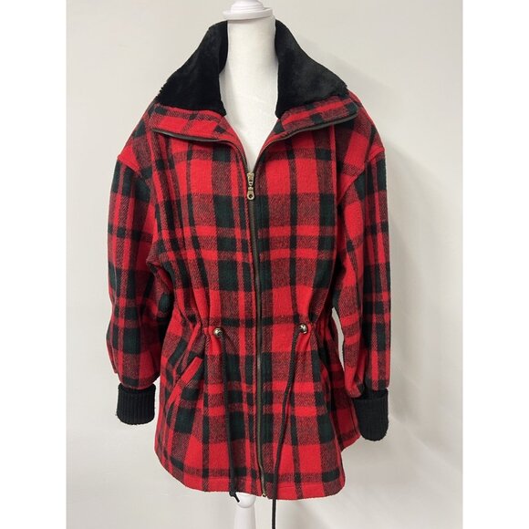 Vtg Miss New Yorker Women’s Modern Lg Red Plaid Oversized Wool Blend Tartan Coat - Picture 1 of 16